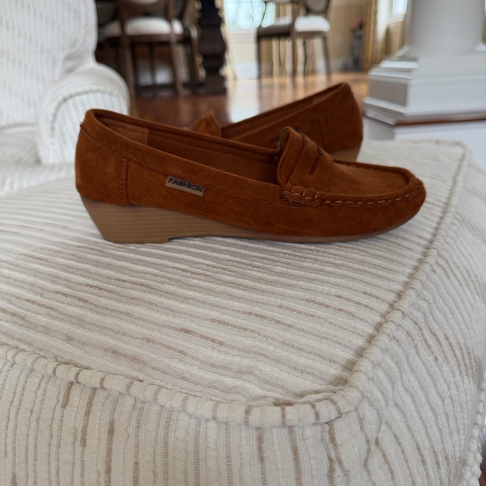 Golden Road Cognac Faux Suede Wedge Loafers | Dark Academia penny loafer 8 - Picture 6 of 14